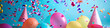 banner birthday background with confetti rain and ballons 