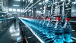 Modern bottling factory with automated production line with clear plastic drinking water bottles moving on a conveyor belt, Water bottles on conveyor belt in modern beverage factory. Generative ai