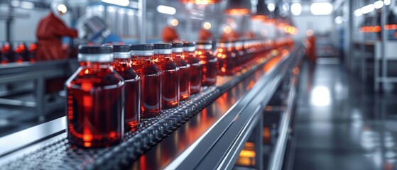 Modern bottling factory with automated production line with clear plastic drinking water bottles moving on a conveyor belt, Water bottles on conveyor belt in modern beverage factory. Generative ai