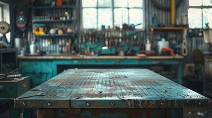 Industrial metal table in a workshop, providing a sturdy surface for tools and hardware product displays