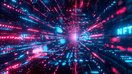 Canvas Print - digital tunnel of nft, modern token on cyber tech abstract background. theme of blockchain, crypto a