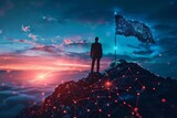 Fototapeta  - Businessman planting a flag on a virtual mountain in a digital world, indicating innovative success in tech
