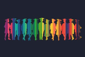 illustration of a group of students with graduation caps in the style of vector silhouette on a dark background with gradients in the colors of the rainbow Generative AI