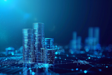 Poster - A cityscape with a large number of coins scattered across the ground