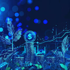 Poster - A blue background with a dollar sign and a stack of coins