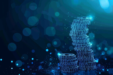 Aufkleber - A stack of coins is shown in a blue background with a blurry effect