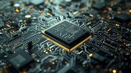 Poster - A computer chip is shown in a black and orange color scheme