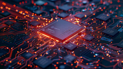 Poster - A computer chip is shown in a black and orange color scheme