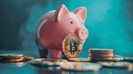 Poster - A red piggy bank sits on a table with a pile of coins, including some Bitcoin