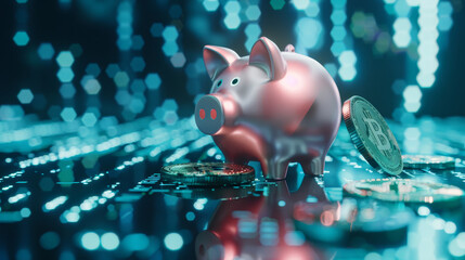 Poster - A piggy bank with a coin on top of it and a bunch of coins on the ground