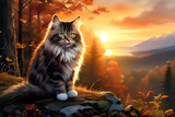 Fototapeta  - Sunset, forest and Norwegian forest cat
Generative AI