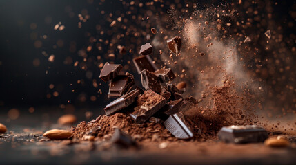 Wall Mural - Chocolate pieces and almonds explode in a cloud of cocoa powder, creating a tasty collision on a dark surface.
