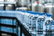 A dynamic view of clear water bottles on a conveyor belt in a modern bottling plant, with the focus on the precision and cleanliness of the production line. Generative ai