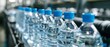 A dynamic view of clear water bottles on a conveyor belt in a modern bottling plant, with the focus on the precision and cleanliness of the production line. Generative ai