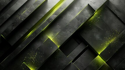 Wall Mural - Black and lime green abstract background with diagonal lines and glowing elements, metallic textures, in the style of a tech-inspired design, minimalist style