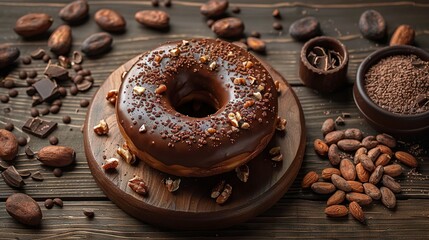 a chocolate-topped donut rests on a wooden cutting board with a surrounding array of nuts and additi