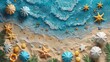 Top View of a Vibrant Beach Setup with Colorful Umbrellas, Starfish, and Seashells