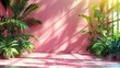 Sunlit Botanical Corner with Lush Green Houseplants and Pink Shadows