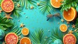 Tropical Summer Vibes: Citrus Fruits, Starfish, and Sunglasses on a Teal Background