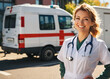 Female doctor with stethoscope in front of  ambulance car
