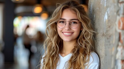 Poster - Woman With Glasses Leaning Against Brick Wall