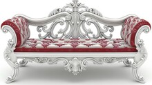   A White Bench With A Red Upholstered Seat And White Back Featuring A Red And White Floral Upholstered Seat