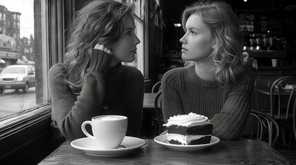   Two women enjoying a cake at a table in a black and white photo