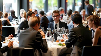 Colleagues networking at a formal business dinner