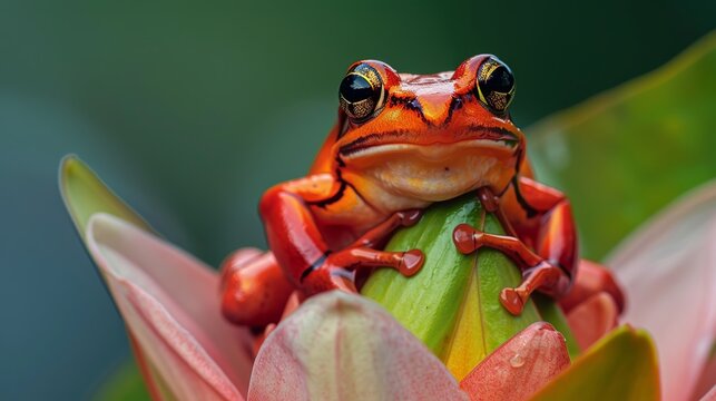 A red frog with big, beautiful eyes is resting on a water lily's bud.