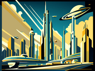 Wall Mural - sky city of the future retro futurism spaceship launch clear sky clouds, vector illustration flat 2