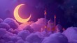 a Ramadan Kareem Sale Banner or Voucher Template featuring a Golden Crescent Moon, 3D Paper-cut Clouds, and the outline of a Mosque against a Violet Night Sky