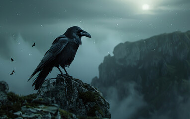 Dark Fantasy Raven Perched on Gothic Rock symbol of darkness and mystery