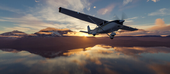 Wall Mural - Single Engine Airplane flying over dramatic mountain landscape at sunset. 3d Rendering