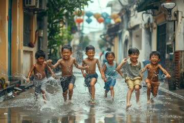 Happy Asian children jumping in a puddle on a rainy day.