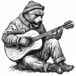 A bear is playing a guitar. The animal is dressed in a hat, jacket, pants and boots. An unusual musician. Painting in the style of engraving or pencil drawing. Black and white illustration for design.