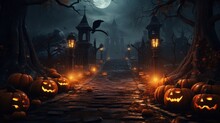 Halloween Background With Pumpkins And Bats