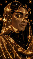 Wall Mural - A woman with gold jewelry and a gold scarf is surrounded by stars