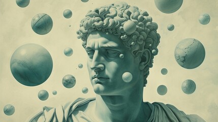 Wall Mural - Artistic composition with floating balls and sculpted male head in antique (Greek, Roman) style. Beauty in stone. Illustration for cover, postcard, greeting card, interior design, etc.