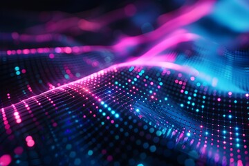 Poster - Abstract futuristic technology background with blue and purple neon light, digital wallpaper design for computer screen or banner, geometric grid pattern, dark background with glowing lines and dots, 