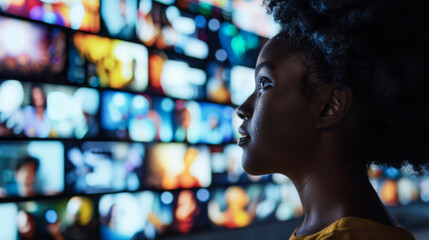 Wall Mural - A woman looks at a large screen with many images. The woman wears a yellow shirt. Technology concept.