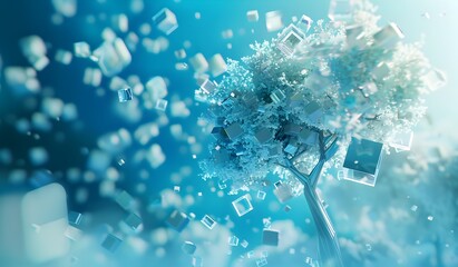 Poster - Abstract tree made of cubes, concept art, 3D render illustration in the style of blue sky background, front view, isometric, low poly, soft lighting, simple background, gradient colors, glass texture,