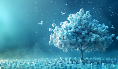 Poster - Abstract tree made of cubes on a blue background, a 3D rendering illustration An abstract conceptual idea An abstract futuristic digital technology and data icon in the style of leaves A tree from cub