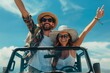 © Ace64 Studio - Young couple on a off road adventure excursion outside - Joyful tourists enjoying weekend activity on summer vacation - Tourism tour activities, transportation and summertime holidays concept