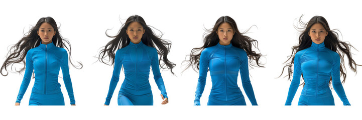 Wall Mural - Set of A  snapshot of an Asian woman exuding confidence in her blue long-sleeved sportswear, on a transparent background