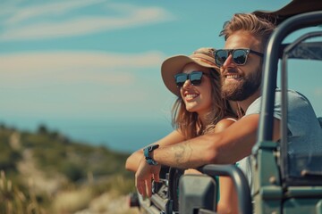 Wall Mural - Young couple on a off road adventure excursion outside - Joyful tourists enjoying weekend activity on summer vacation - Tourism tour activities, transportation and summertime holidays concept