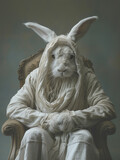 Fototapeta Koty - strange wondrous hare or rabbit. rabbit man  in a beautiful light outfit sits on a chair.  male