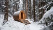 A serene outdoor sauna nestled in the middle of a snowy forest offers a peaceful escape for mental rejuvenation..