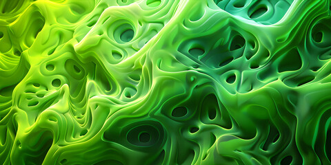 Green abstract background with numerous holes. Three dimensional texture.