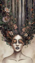 Wall Mural - A captivating surreal art poster featuring a woman's face adorned with abstract floral elements, perfect for printing.