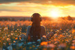© Vovmar - Rear view of a girl with long hair in large headphones sitting in a field of flowers at dawn, sunset. Generated by artificial intelligence
